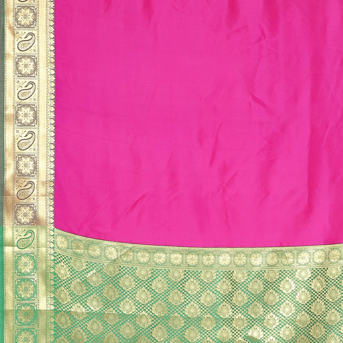Faishana Presents Magenta Katan Silk Plain Zari Anchal With Contrast Green Zari Border Banarasi Saree