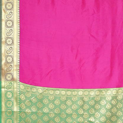 Faishana Presents Magenta Katan Silk Plain Zari Anchal With Contrast Green Zari Border Banarasi Saree