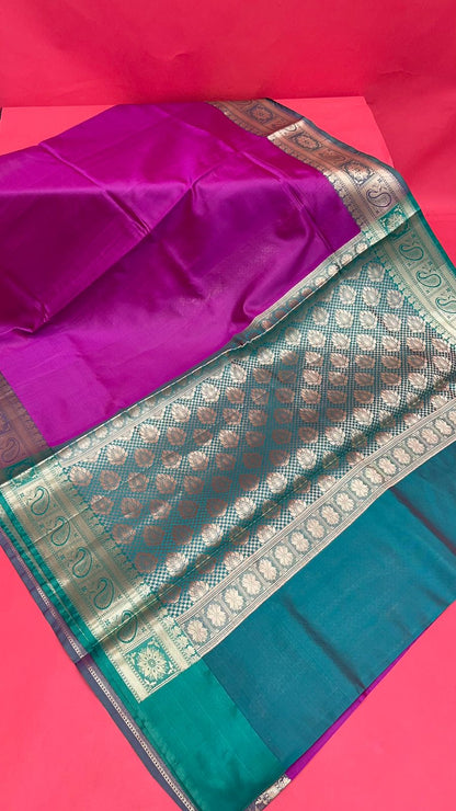Faishana Presents Pink Katan Silk Plain Zari Anchal With Contrast Green Zari Border Banarasi Saree