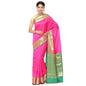 Faishana Presents Pink Katan Silk Plain Zari Anchal With Contrast Green Zari Border Banarasi Saree