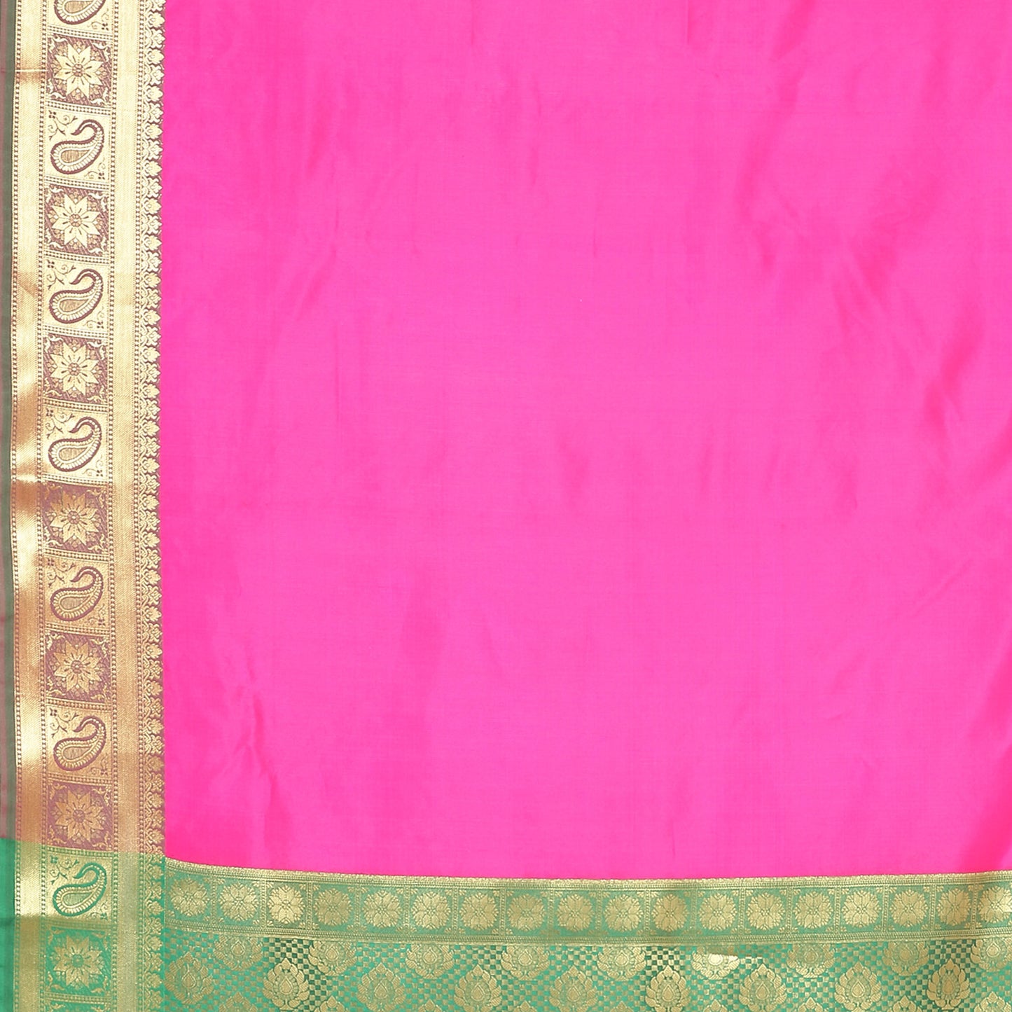 Faishana Presents Pink Katan Silk Plain Zari Anchal With Contrast Green Zari Border Banarasi Saree