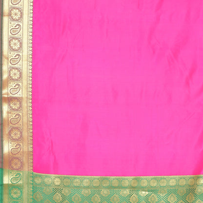 Faishana Presents Pink Katan Silk Plain Zari Anchal With Contrast Green Zari Border Banarasi Saree