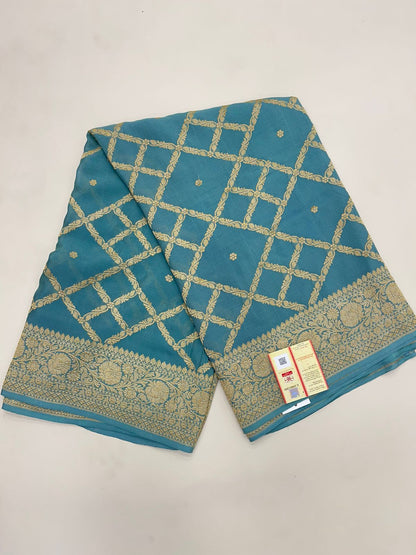 Faishana's Timeless Elegance Pure Silk Handloom Grey Khaddi Georgette Jangla Kadhwa Jaal with Banarasi Kadhwa Border Saree