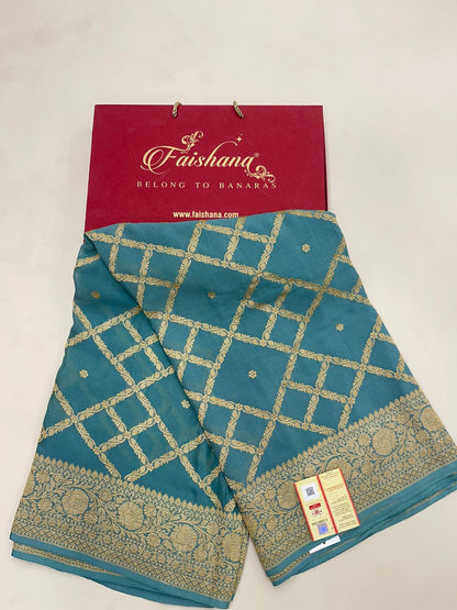 Faishana's Timeless Elegance Pure Silk Handloom Grey Khaddi Georgette Jangla Kadhwa Jaal with Banarasi Kadhwa Border Saree