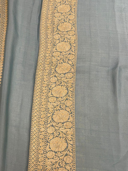 Faishana's Timeless Elegance Pure Silk Handloom Grey Khaddi Georgette Jangla Kadhwa Jaal with Banarasi Kadhwa Border Saree