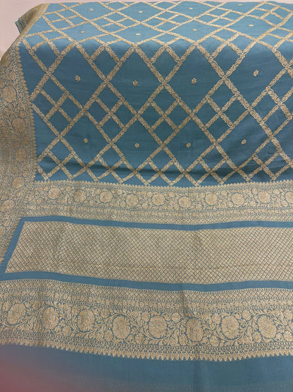 Faishana's Timeless Elegance Pure Silk Handloom Grey Khaddi Georgette Jangla Kadhwa Jaal with Banarasi Kadhwa Border Saree