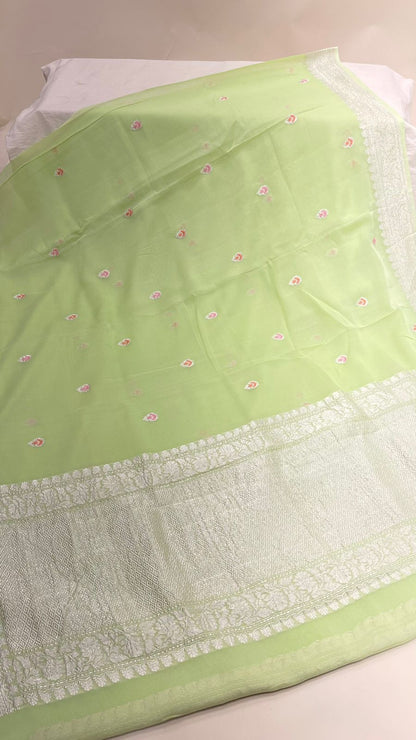 Faishana Pure Silk Handloom Light Green Khaddi Georgette Kadhwa Meena Silver Booti Saree with Banarasi Silver Zari Border Saree