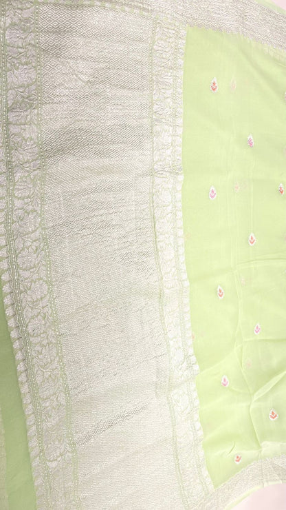 Faishana Pure Silk Handloom Light Green Khaddi Georgette Kadhwa Meena Silver Booti Saree with Banarasi Silver Zari Border Saree