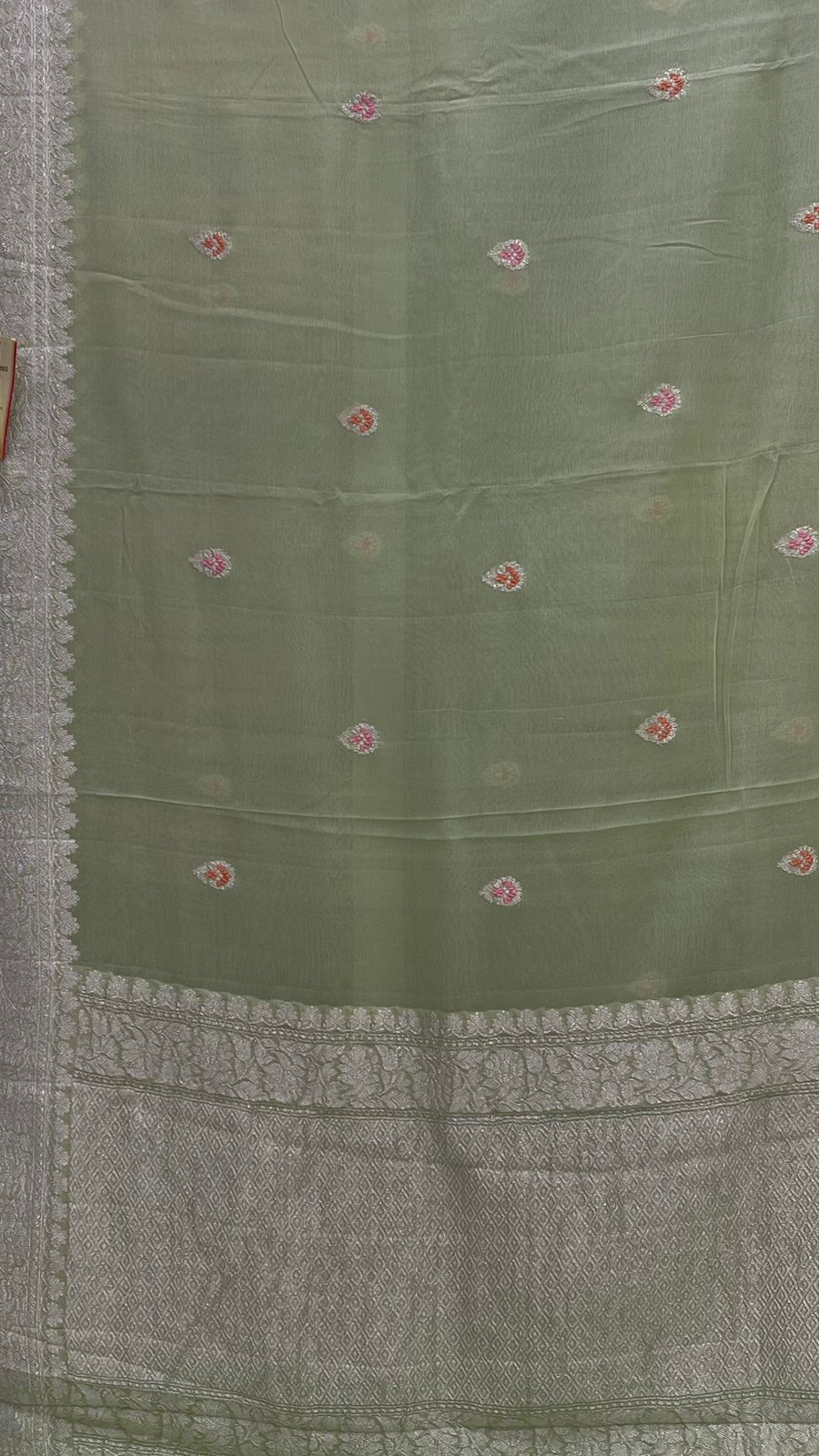 Faishana Pure Silk Handloom Light Green Khaddi Georgette Kadhwa Meena Silver Booti Saree with Banarasi Silver Zari Border Saree