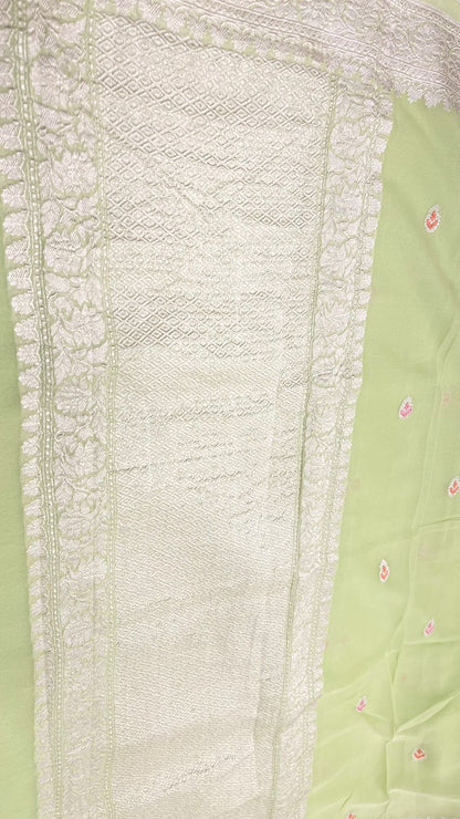 Faishana Pure Silk Handloom Light Green Khaddi Georgette Kadhwa Meena Silver Booti Saree with Banarasi Silver Zari Border Saree
