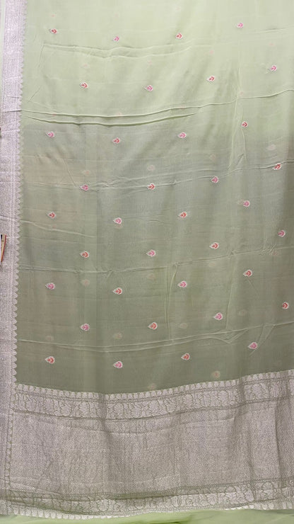 Faishana Pure Silk Handloom Light Green Khaddi Georgette Kadhwa Meena Silver Booti Saree with Banarasi Silver Zari Border Saree