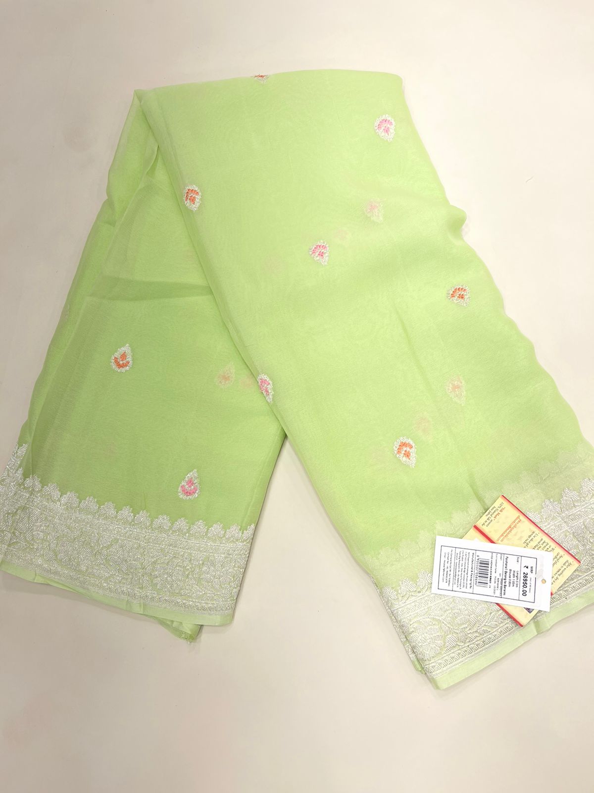 Faishana Pure Silk Handloom Light Green Khaddi Georgette Kadhwa Meena Silver Booti Saree with Banarasi Silver Zari Border Saree