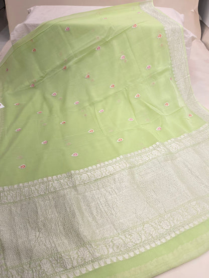 Faishana Pure Silk Handloom Light Green Khaddi Georgette Kadhwa Meena Silver Booti Saree with Banarasi Silver Zari Border Saree