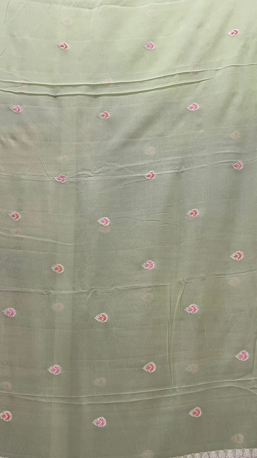 Faishana Pure Silk Handloom Light Green Khaddi Georgette Kadhwa Meena Silver Booti Saree with Banarasi Silver Zari Border Saree