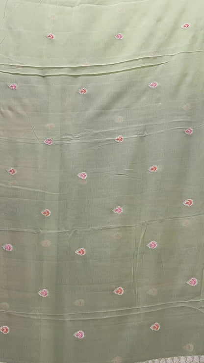 Faishana Pure Silk Handloom Light Green Khaddi Georgette Kadhwa Meena Silver Booti Saree with Banarasi Silver Zari Border Saree