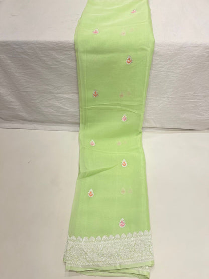Faishana Pure Silk Handloom Light Green Khaddi Georgette Kadhwa Meena Silver Booti Saree with Banarasi Silver Zari Border Saree