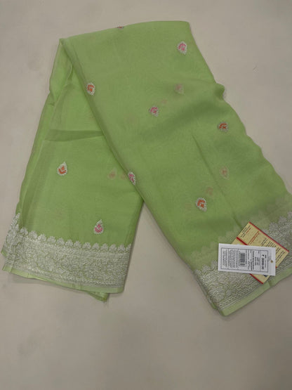 Faishana Pure Silk Handloom Light Green Khaddi Georgette Kadhwa Meena Silver Booti Saree with Banarasi Silver Zari Border Saree