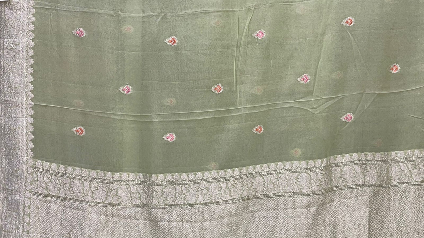 Faishana Pure Silk Handloom Light Green Khaddi Georgette Kadhwa Meena Silver Booti Saree with Banarasi Silver Zari Border Saree