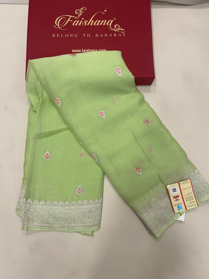 Faishana Pure Silk Handloom Light Green Khaddi Georgette Kadhwa Meena Silver Booti Saree with Banarasi Silver Zari Border Saree