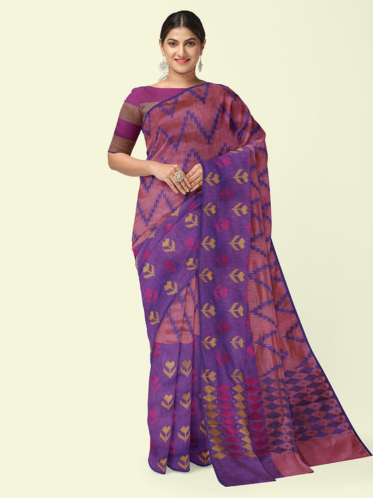 Faishana Presents Peach Ikkat Pochampally Purple Resham Zig-Zag Stripe Skirt Purple Floral  Booti With Purple Stripe Blouse