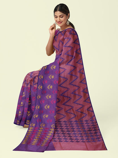 Faishana Presents Peach Ikkat Pochampally Purple Resham Zig-Zag Stripe Skirt Purple Floral  Booti With Purple Stripe Blouse