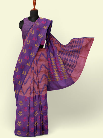Faishana Presents Peach Ikkat Pochampally Purple Resham Zig-Zag Stripe Skirt Purple Floral  Booti With Purple Stripe Blouse