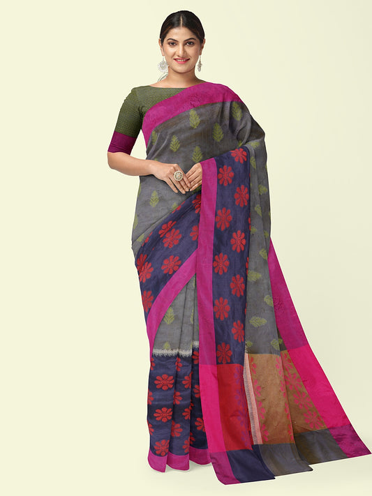 Faishana Presents Grey Ikkat Pochampally Resham Zari Booti Skirt Navy Blue Floral Mina Booti With Lime Green Blouse