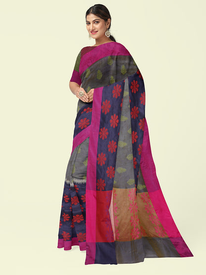 Faishana Presents Grey Ikkat Pochampally Resham Zari Booti Skirt Navy Blue Floral Mina Booti With Lime Green Blouse