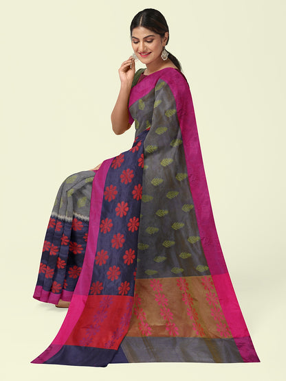 Faishana Presents Grey Ikkat Pochampally Resham Zari Booti Skirt Navy Blue Floral Mina Booti With Lime Green Blouse