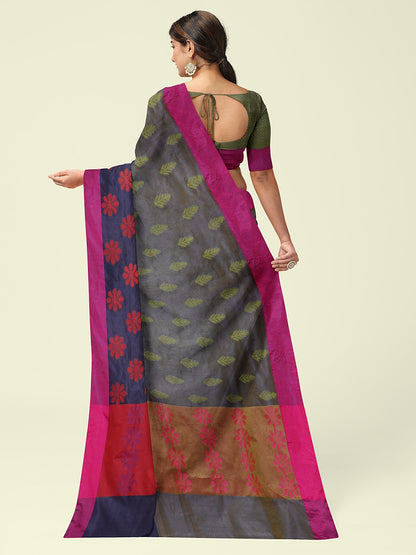 Faishana Presents Grey Ikkat Pochampally Resham Zari Booti Skirt Navy Blue Floral Mina Booti With Lime Green Blouse