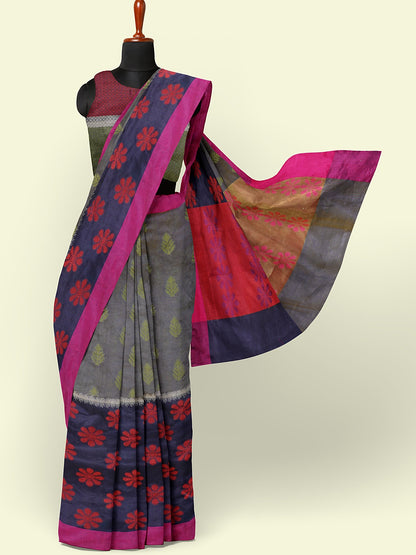 Faishana Presents Grey Ikkat Pochampally Resham Zari Booti Skirt Navy Blue Floral Mina Booti With Lime Green Blouse