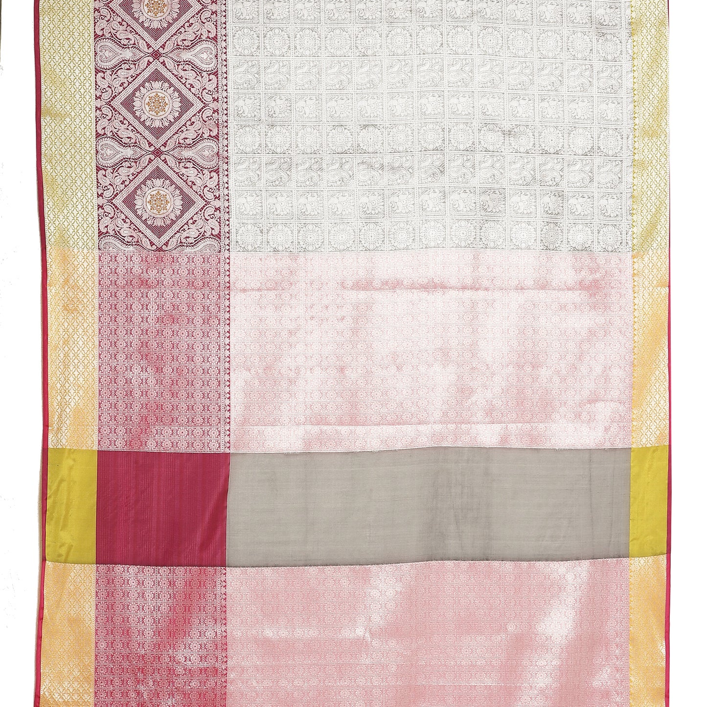 Faishana Presents Grey Silver Zari Kanchi Silk Tanchoi Brocade Contrast Pink Skirt Meena Border Banarasi Saree