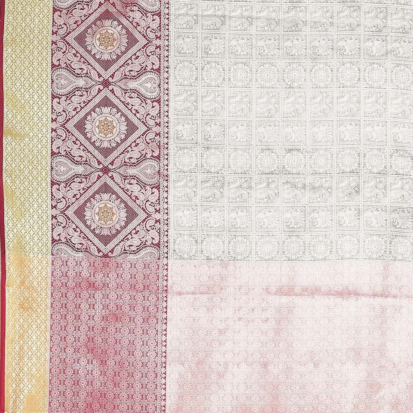 Faishana Presents Grey Silver Zari Kanchi Silk Tanchoi Brocade Contrast Pink Skirt Meena Border Banarasi Saree