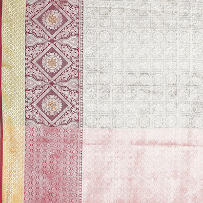 Faishana Presents Grey Silver Zari Kanchi Silk Tanchoi Brocade Contrast Pink Skirt Meena Border Banarasi Saree