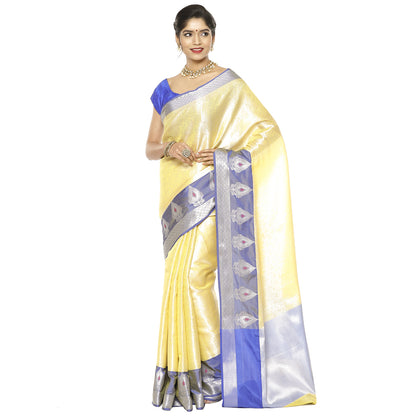 Faishana Presents Gold Silver Zari Kanchi Silk Tanchoi Brocade Contrast Blue Skirt Meena Border Banarasi Saree