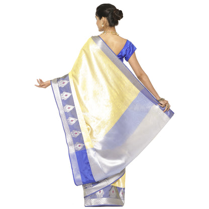 Faishana Presents Gold Silver Zari Kanchi Silk Tanchoi Brocade Contrast Blue Skirt Meena Border Banarasi Saree