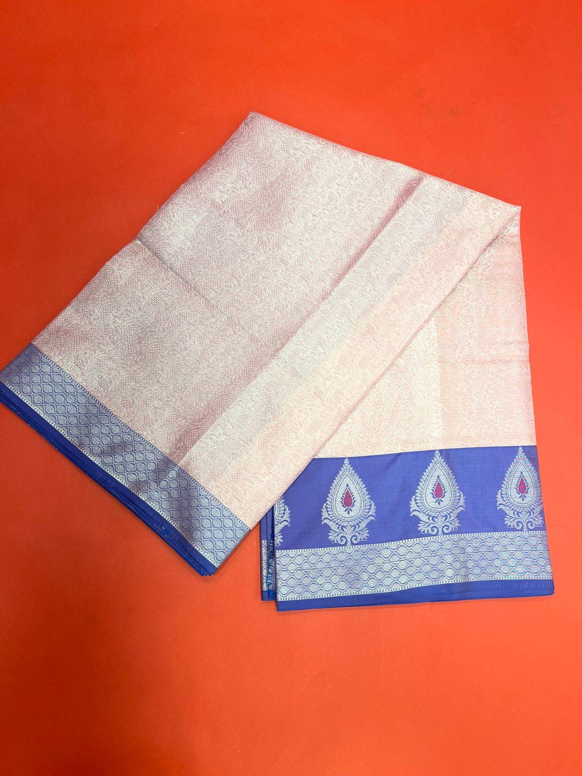 Faishana Presents Pink Silver Zari Kanchi Silk Tanchoi Brocade Contrast Blue Skirt Meena Border Banarasi Saree