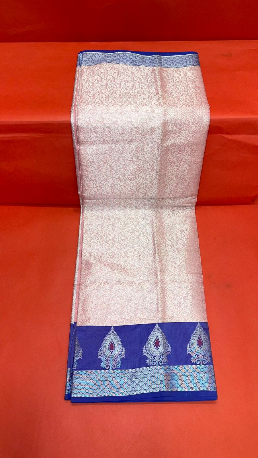 Faishana Presents Pink Silver Zari Kanchi Silk Tanchoi Brocade Contrast Blue Skirt Meena Border Banarasi Saree