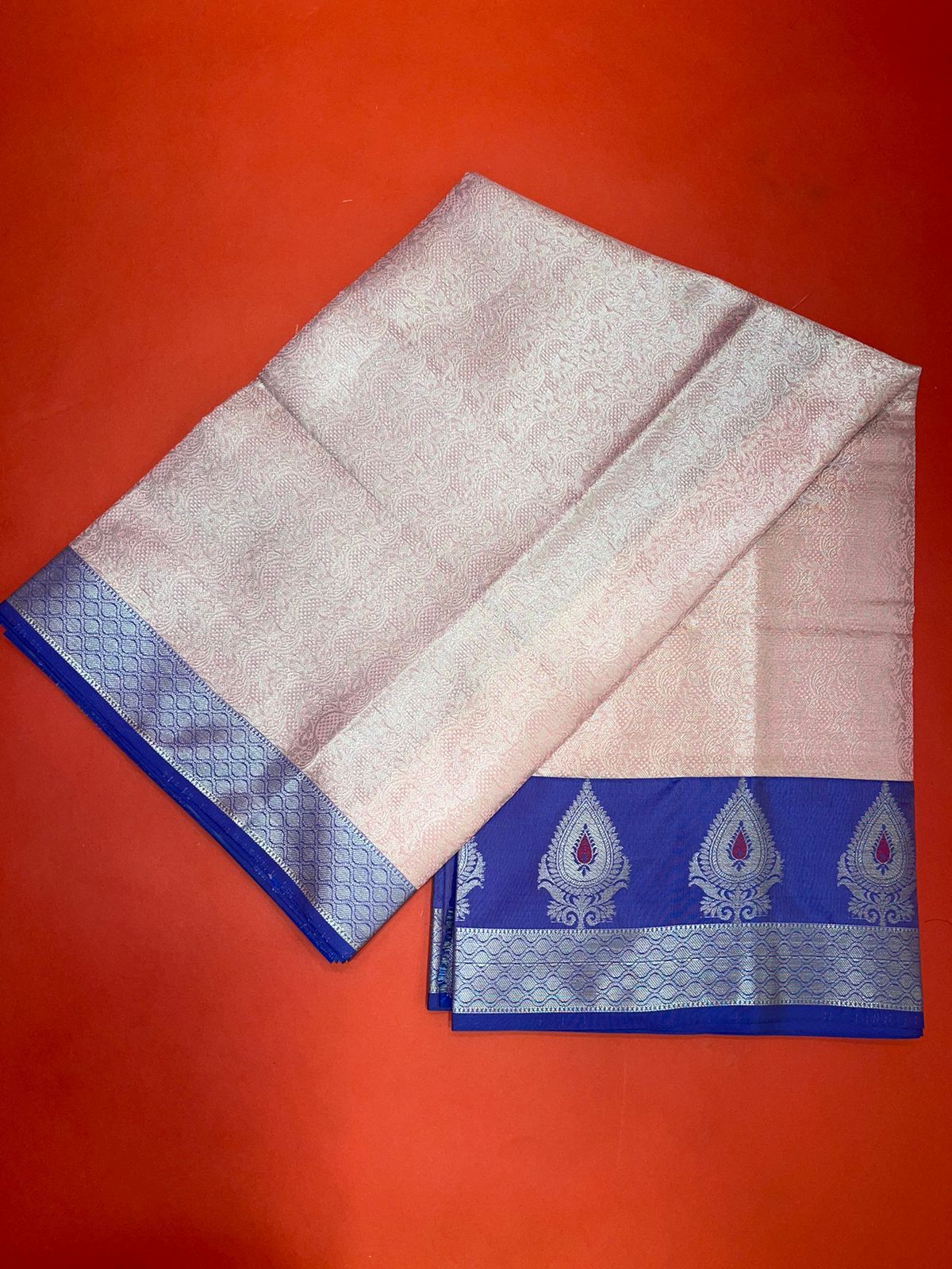 Faishana Presents Pink Silver Zari Kanchi Silk Tanchoi Brocade Contrast Blue Skirt Meena Border Banarasi Saree