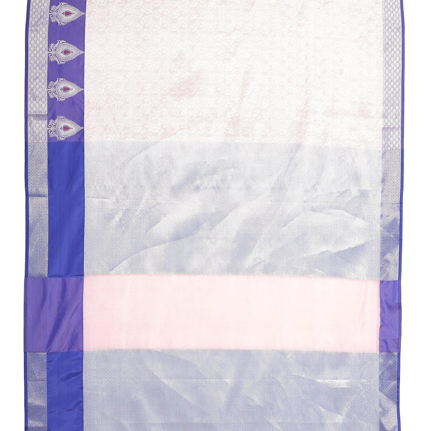 Faishana Presents Pink Silver Zari Kanchi Silk Tanchoi Brocade Contrast Blue Skirt Meena Border Banarasi Saree