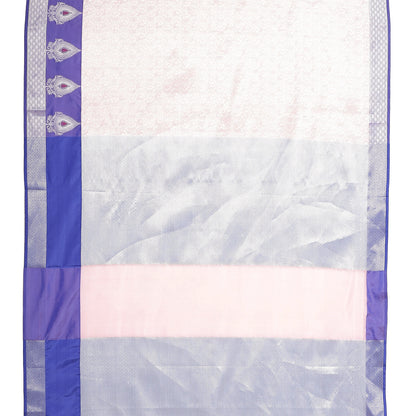 Faishana Presents Pink Silver Zari Kanchi Silk Tanchoi Brocade Contrast Blue Skirt Meena Border Banarasi Saree