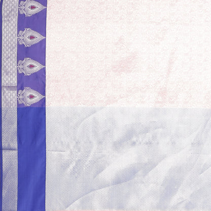 Faishana Presents Pink Silver Zari Kanchi Silk Tanchoi Brocade Contrast Blue Skirt Meena Border Banarasi Saree