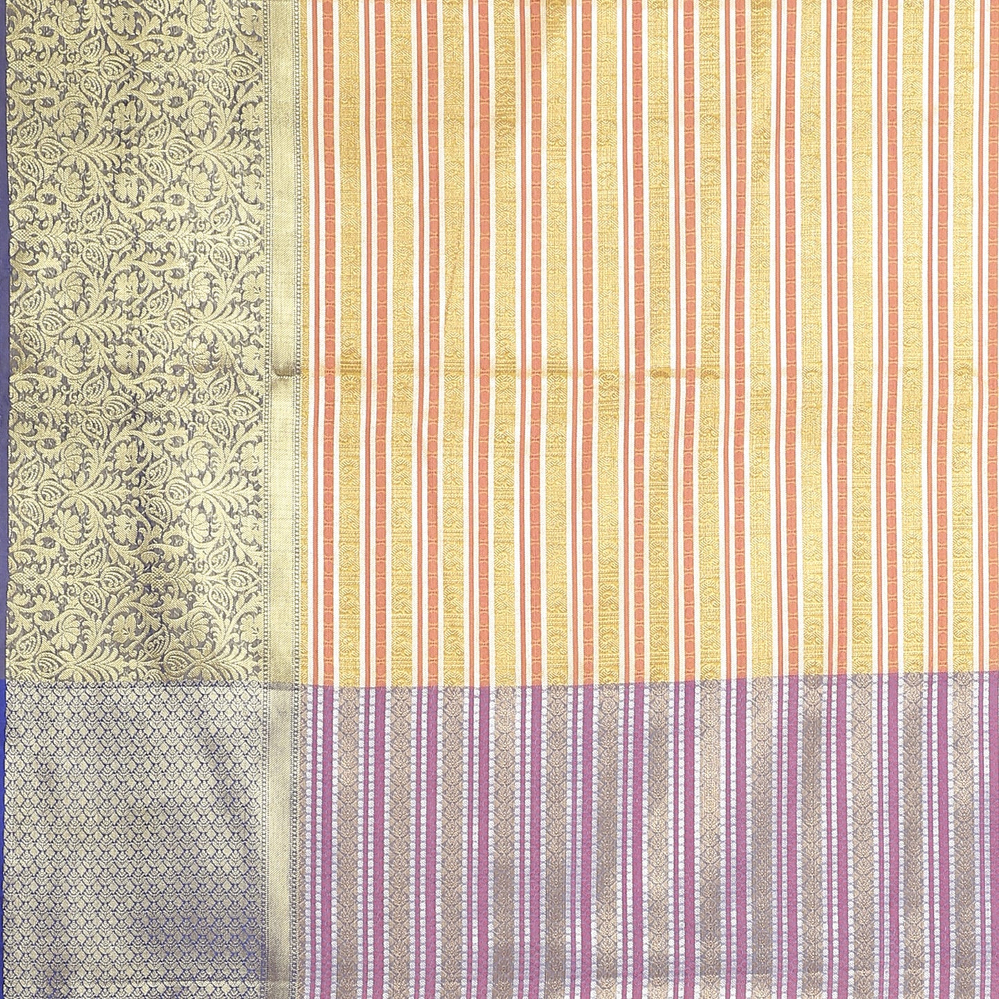 Faishana Presents Beige Zari Strip Kanchi Silk Tanchoi Brocade Contrast Blue Skirt Border Banarasi Saree