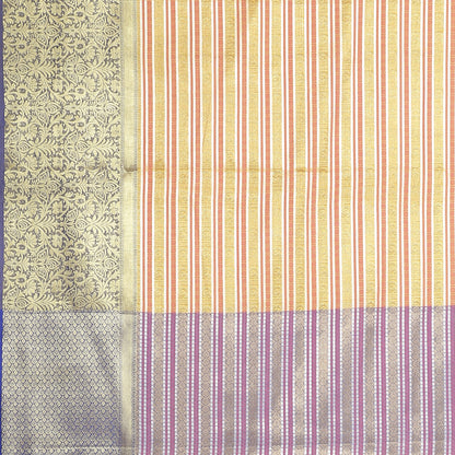 Faishana Presents Beige Zari Strip Kanchi Silk Tanchoi Brocade Contrast Blue Skirt Border Banarasi Saree