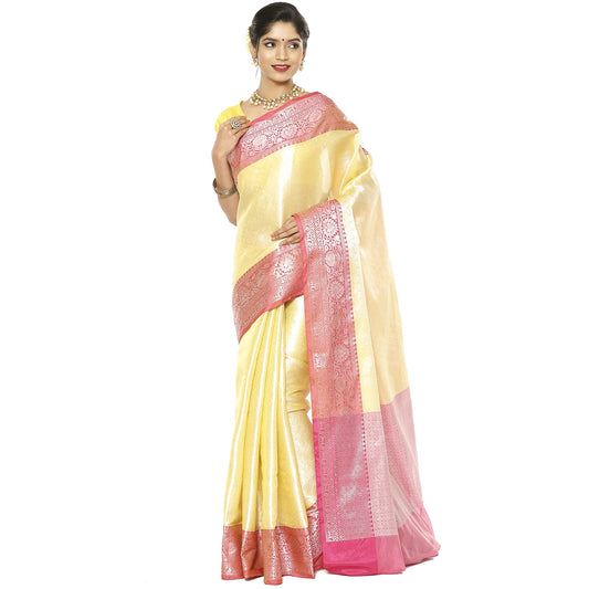 Faishana Presents Gold Silver Zari Kanchi Silk Tanchoi Brocade Contrast Pink Skirt Meena Border Banarasi Saree