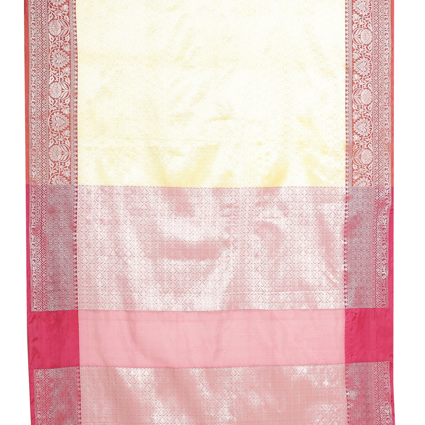 Faishana Presents Gold Silver Zari Kanchi Silk Tanchoi Brocade Contrast Pink Skirt Meena Border Banarasi Saree