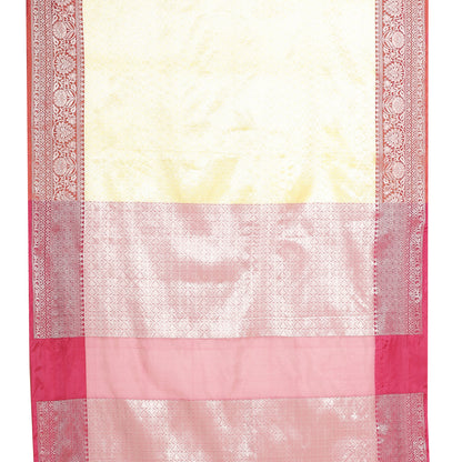 Faishana Presents Gold Silver Zari Kanchi Silk Tanchoi Brocade Contrast Pink Skirt Meena Border Banarasi Saree