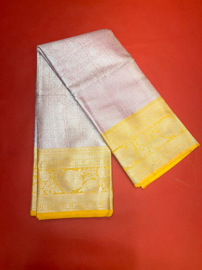 Faishana Presents Pink Silver Zari Kanchi Silk Tanchoi Brocade Contrast Gold Skirt Meena Border Banarasi Saree