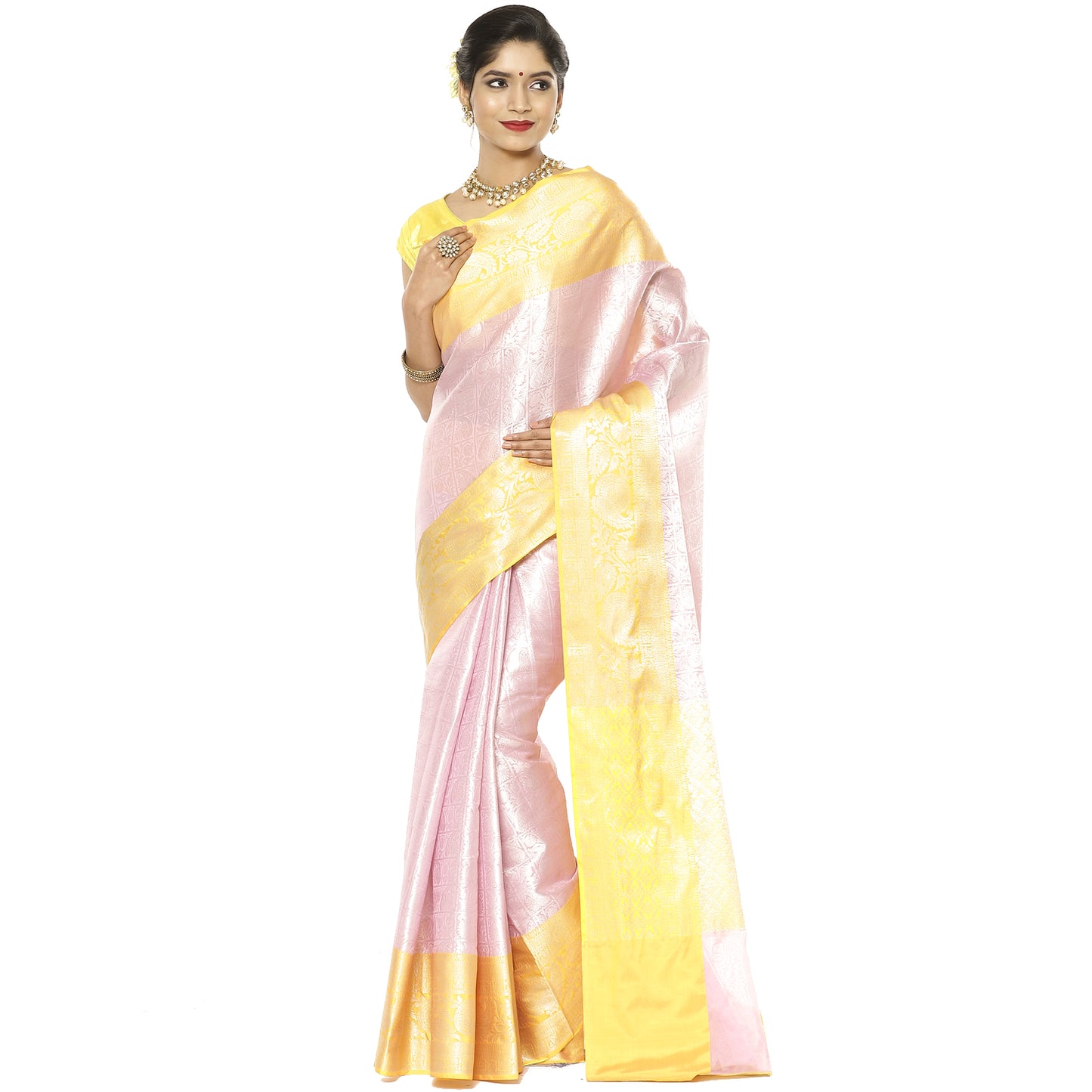 Faishana Presents Pink Silver Zari Kanchi Silk Tanchoi Brocade Contrast Gold Skirt Meena Border Banarasi Saree