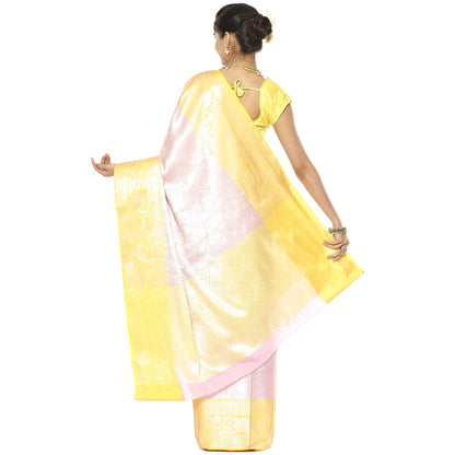 Faishana Presents Pink Silver Zari Kanchi Silk Tanchoi Brocade Contrast Gold Skirt Meena Border Banarasi Saree